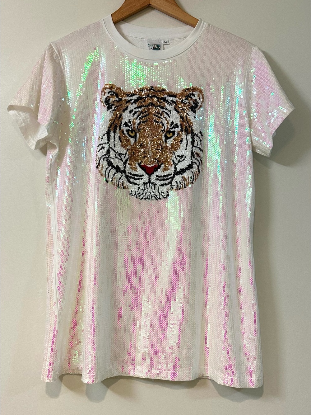 Queen of Sparkles White Sequin Tiger Dress. Size M